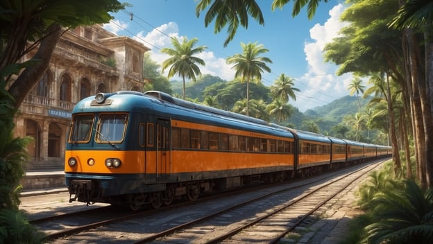 Ein eleganter Zug in orange und blau steht unter Palmen vor einem historischen Gebäude in einer tropischen Landschaft.
