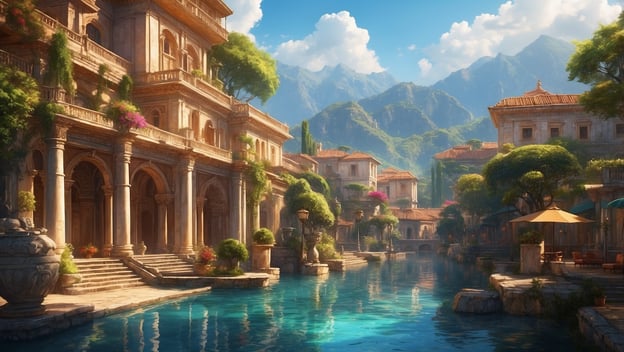 Eine malerische Küstenstadt mit majestätischen Gebäuden, einem klaren Wasserlauf und Bergen im Hintergrund.