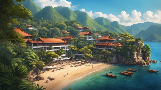 Tropische Küstenlandschaft mit Resorts, Strand und Booten, umgeben von Bergen und üppiger Vegetation in Phuket.