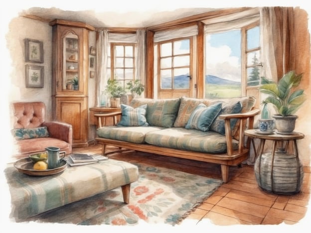 Auf dem Bild ist ein gemütlicher Wohnraum zu sehen. Es gibt ein bequemes Sofa mit vielen Kissen, einen Sessel und einen Couchtisch, auf dem einige Gegenstände stehen, darunter Früchte und eine Kanne. Die Fenster sind groß und lassen viel Tageslicht herein, mit Blick auf die umgebende Landschaft.Was ist Hygge? Hygge ist ein dänisches Konzept, das Gemütlichkeit, Behaglichkeit und ein Gefühl von Zufriedenheit beschreibt. Es betont die Schaffung einer warmen und einladenden Atmosphäre und das Genießen kleiner, schöner Momente im Alltag. Der Raum auf dem Bild spiegelt genau dieses Gefühl wider, mit warmen Farben und einer einladenden Einrichtung, die zur Entspannung einlädt.