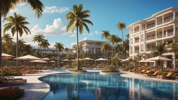 Luxuriöses Hilton Resort mit palmengesäumtem Pool, gemütlichen Liegen und sonnigem Himmel in Florida.
