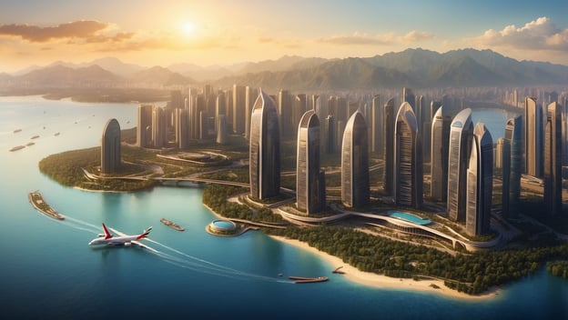 Eine Aussicht auf eine moderne Stadt mit Hochhäusern, einer Küstenlinie und einem Emirates-Flugzeug über dem Wasser.