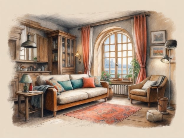 Auf dem Bild ist ein gemütliches Wohnzimmer zu sehen. Der Raum strahlt eine einladende Atmosphäre aus, die gut zur dänischen Hygge-Kultur passt.Es gibt ein breites Sofa mit vielen Kissen, einen Sessel und einen kleinen Tisch. Die Fenster lassen viel Licht herein, und die sanften Farben sowie die Pflanzen sorgen für eine warme und entspannende Stimmung. Der Raum vermittelt ein Gefühl von Behaglichkeit und lädt dazu ein, Zeit mit Freunden oder Familie zu verbringen – ein zentrales Konzept der Hygge.