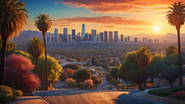 Panoramablick auf die Skyline von Los Angeles bei Sonnenuntergang, umgeben von Palmen und blühenden Bäumen.