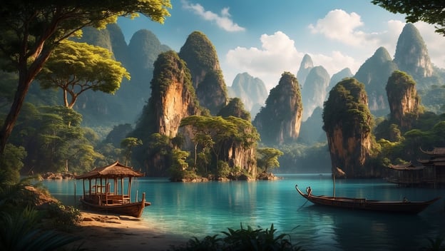 Tropisches Paradies mit grünen Bergen, klarem Wasser und traditionellen Booten, ideal für unvergessliche Erlebnisse in Thailand.
