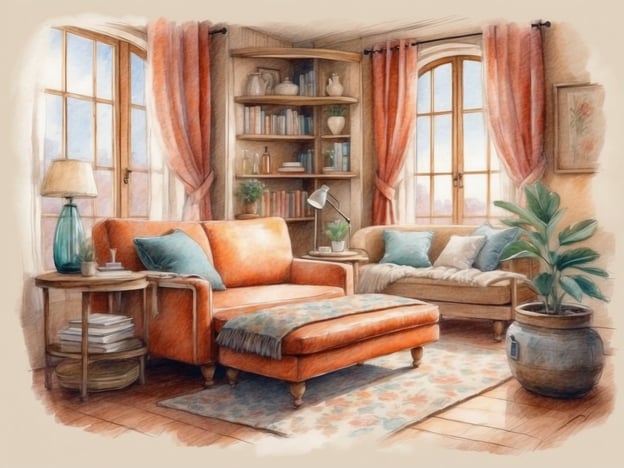 Auf dem Bild ist ein gemütlicher Wohnraum zu sehen, der eine hygge Atmosphäre ausstrahlt. Der Raum ist hell und einladend, mit großen Fenstern, durch die Tageslicht strömt.Es gibt eine auffällig orangefarbene Couch, die mit mehreren Kissen in sanften Farbtönen dekoriert ist. Neben der Couch steht ein kleiner Beistelltisch mit einer Lampe und einigen Büchern. Ein weicher Teppich mit einem floralen Muster rundet das Gesamtbild ab. An der Wand befindet sich ein Bücherregal, das mit Pflanzen und Dekorationsgegenständen gefüllt ist.Die warmen Farben und die Pflanzen tragen zur harmonischen und gemütlichen Stimmung bei, die typisch für hygge ist.