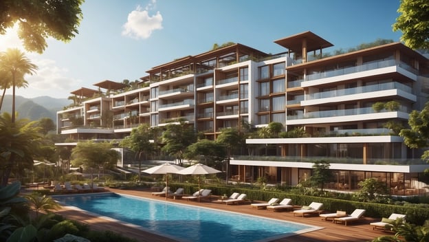 Moderne Hotelanlage mit Pools und Liegen, umgeben von tropischer Vegetation und Bergen im Hintergrund.