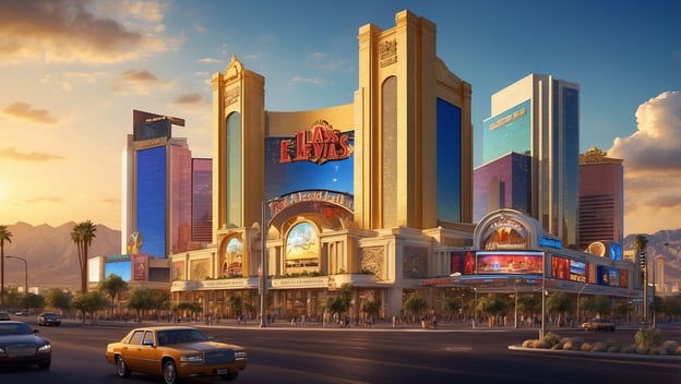 Las Vegas Skyline mit dem historischen Las Vegas Gebäude, umgeben von Palmen und modernen Hochhäusern bei Sonnenuntergang.