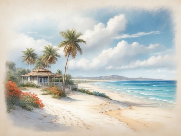 Auf dem Bild sieht man eine tropische Küstenlandschaft mit einem kleinen Haus, Palmen und blühenden Pflanzen am Strand. Es gibt einen klaren blauen Himmel und sanfte Wellen am Strand.Dänemarks Strände sind jedoch einzigartig, weil sie eine sehr vielseitige Natur bieten. Die Küste Dänemarks ist für ihre breiten Sandstrände und das saubere Wasser bekannt, ideal für Familienurlaube. Zudem gibt es eine Vielzahl von Aktivitäten, wie Windsurfen und Strandspaziergänge, sowie viele malerische Küstenorte mit charmanten Ferienhäusern. Die Kombination aus naturnaher Atmosphäre, klaren Wasser und wunderschönen Landschaften macht die dänischen Strände zu einem besonderen Erlebnis.