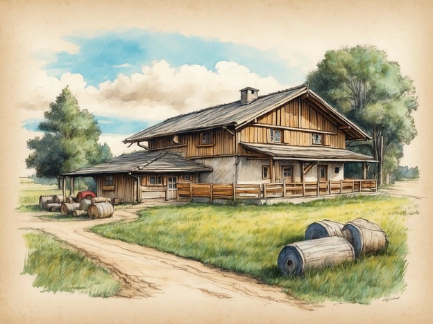 Auf dem Bild ist ein malerisches, ländliches Haus zu sehen, das an eine typisch norddeutsche Bauweise erinnert. Die Kombination aus Holz und Putz verleiht dem Gebäude einen rustikalen Charme. Um das Haus herum gibt es eine Weidefläche mit grünem Gras und vereinzelten Bäumen, was an die wunderschöne Natur von Pellworm erinnert.Die Umgebung ist friedlich, und es sind einige Fässer und ein kleiner Weg sichtbar, der zum Haus führt. Dies könnte eine typische Szenerie des Lebens auf Pellworm heute darstellen, wo viele Menschen in ländlicher Idylle leben, Landwirtschaft betreiben und die Natur genießen. Das Bild strahlt eine ruhige Atmosphäre aus, die das entspannte Leben auf der Insel widerspiegelt.