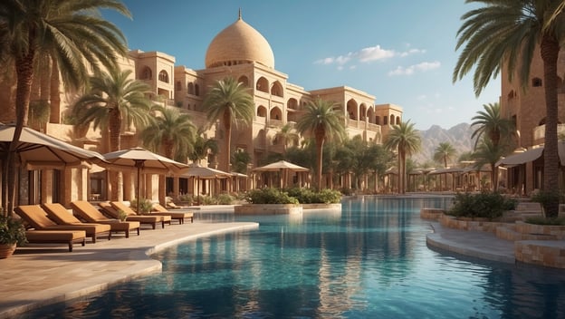 Palmen umgeben ein luxuriöses Resort mit Pool und Sonnenliegen, Berglandschaft im Hintergrund, ideal für Touristen.