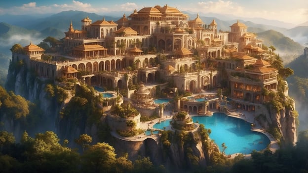 Eine beeindruckende Hotelanlage auf einem Berg mit einer Vielzahl von Terrassen, Pools und üppiger Vegetation.