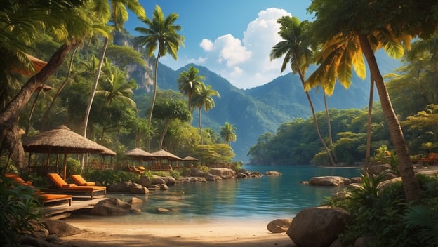 Tropische Landschaft mit Palmen, Bungalows am Wasser, blauen Bergen im Hintergrund und ruhigem, klarem Wasser.