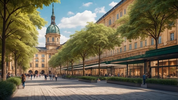 Eine belebte Straße in Stuttgart mit Bäumen, historischen Gebäuden und modernen Geschäften. Menschen flanieren.