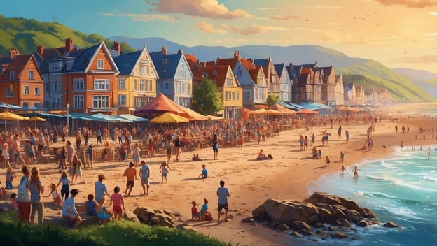 Viele Menschen genießen einen Strandtag mit bunten Marktständen und Häusern im Hintergrund, das Wasser glitzert.