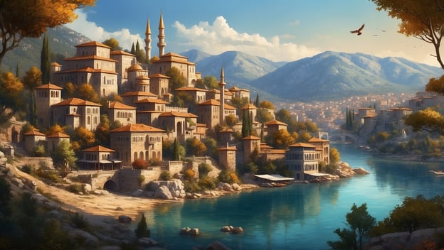 Eine malerische Küstenstadt mit traditionellen Gebäuden, Minaretten und umliegenden Bergen, reflektiert im Wasser.