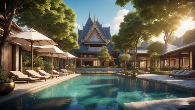 Thailändisches Luxusresort mit Pool, Liegen und Sonnenschirmen, umgeben von üppigem Grün und traditioneller Architektur.