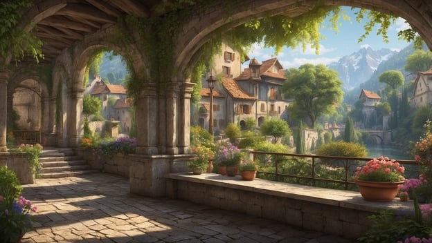 Ein malerischer Blick auf ein Dorf mit historischen Gebäuden, Pflanzen und Blumen in einem Garten unterbogen von einem Arkadengang.