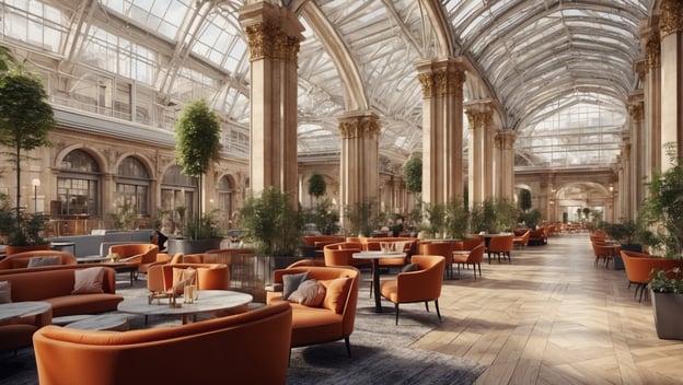 Elegantes Interieur eines luxuriösen Hotel-Lobbys mit Holzfußboden, großen Fenstern und stilvollen Möbeln in Orange.