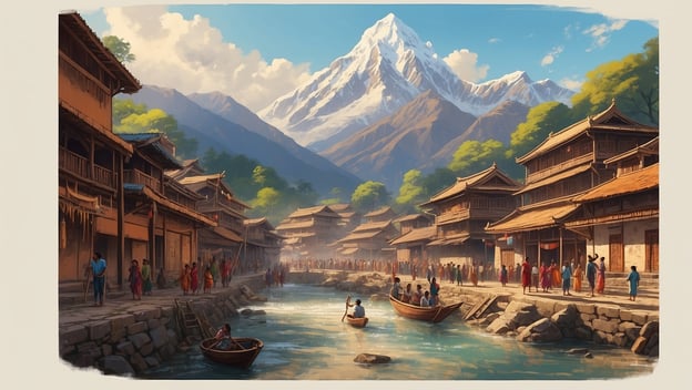 Berglandschaft mit schneebedecktem Gipfel, traditioneller Architektur, Menschenmengen und Booten entlang eines Wassers.