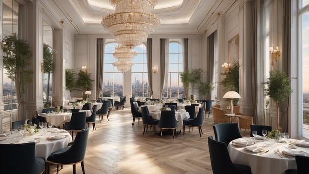 Elegantes Restaurant mit runden Tischen, blauen Stühlen, großen Fenstern und einem Kronleuchter, mit Blick auf die Stadt.