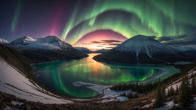 Nordlicht über schneebedeckten Bergen und einem klaren See im Yukon, reflektiert in lebendigen Farben.