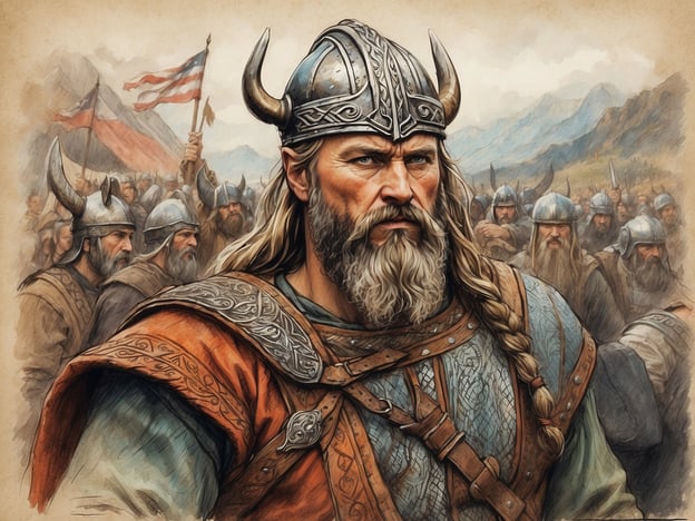 Auf dem Bild ist ein Wikinger mit einem charakteristischen Helm und beeindruckender Rüstung zu sehen. Er trägt lange Haare und einen Bart, was typisch für die Wikingerzeit ist. Die Krieger im Hintergrund, ebenfalls in Rüstungen und Helmen, scheinen sich auf einen Kampf oder ein bevorstehendes Abenteuer vorzubereiten.In der Wikingerkultur spielten Kriege und Seefahrten eine zentrale Rolle. Die Wikinger waren für ihre Raubzüge bekannt, aber auch für ihre Handelsreisen. Die Männer trugen oft Helm mit Hörnern, wobei die tatsächlichkeit, dass solche Helme selten wirklich existierten, der Mythos von Wikingern und ihrer kriegerischen Natur verstärkt.Zusätzliche Bräuche, wie das Halten von Zusammenkünften (Thing), um Entscheidungen zu treffen, und das Feiern von Siegen mit Festen und Opferzeremonien, sind ebenfalls typische Merkmale der Wikingerkultur. Das Bild vermittelt ein Gefühl für die Gemeinschaft und den Zusammenhalt der Wikinger in ihrer Zeit.