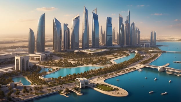 Moderne Skyline mit Hochhäusern, Wasserstraßen und gepflegten Grünflächen in einer urbanen Umgebung.
