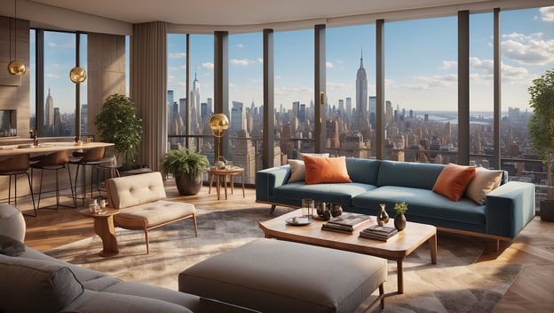 Elegante Wohnlandschaft mit Panoramafenstern und Blick auf die Skyline von NYC, stilvolle Möbel und modernes Design.