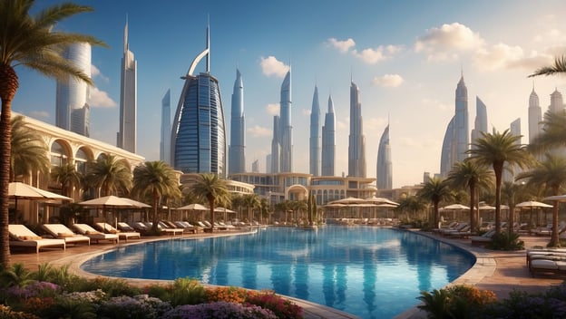 Luxuriöser Pool mit Sonnenliegen und Palmen, umgeben von hohen Wolkenkratzern im Hintergrund in Dubai.