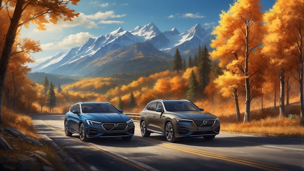 Zwei moderne Autos stehen auf einer kurvigen Straße, umgeben von bunten Herbstbäumen und Bergen im Hintergrund.