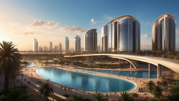 Moderne Skyline mit Glasgebäuden, Wasserfläche und Palmen im Vordergrund, ideal für die neue Etihad Rail-Verbindung.
