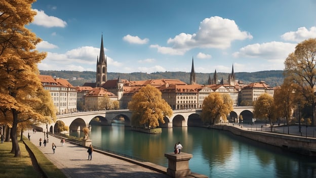 Herbstliche Stadtansicht mit einem Fluss, Brücke, historischen Gebäuden und Menschen auf einem Spaziergang.
