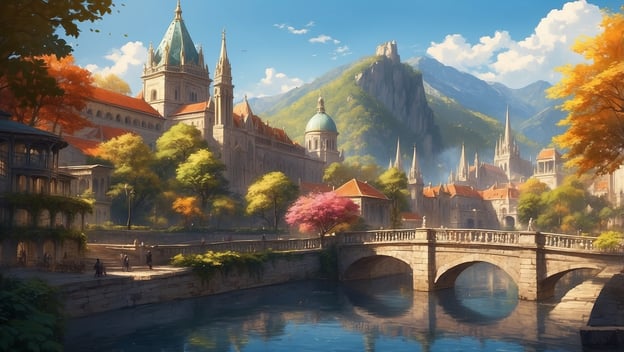 Eine malerische Stadtansicht mit historischen Gebäuden, Brücke, Fluss und bunten Bäumen unter blauem Himmel.