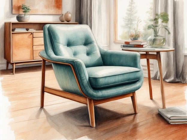Auf dem Bild ist ein stilvoll eingerichteter Raum zu sehen. Im Mittelpunkt steht ein eleganter Sessel im dänischen Design, der durch seine geschwungene Form und die auffällige, mintgrüne Polsterung besticht. Der Sessel hat eine strukturierte Oberfläche und ist auf einem Holzgestell montiert, das typisch für zeitloses dänisches Design ist.Neben dem Sessel befindet sich ein runder Beistelltisch, auf dem einige Bücher liegen. Im Hintergrund steht ein elegantes Sideboard aus Holz, das ebenfalls durch klare Linien und Funktionalität besticht. Der Raum ist von natürlichem Licht durchflutet, und große Fenster lassen eine angenehme Atmosphäre entstehen. Kleine Pflanzen und dekorative Objekte runden das harmonische Gesamtbild ab.