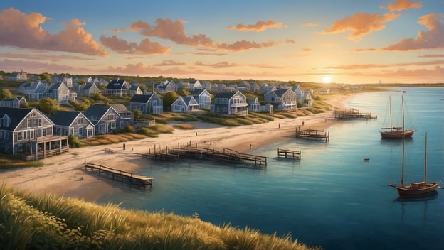 Eine malerische Küstenansicht mit Strand, mehreren Booten im Wasser und charmanten Häusern auf einem Hügel bei Sonnenuntergang.
