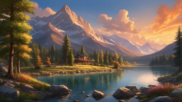 Ein malerischer Bergsee umgeben von hohen Bergen, Wäldern und einer gemütlichen Holzhütte bei Sonnenuntergang.