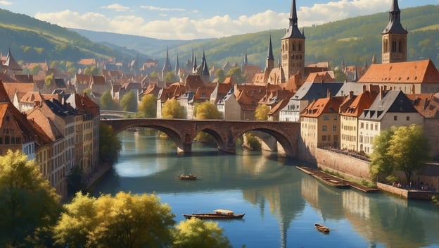 Eine malerische Stadtansicht mit einem Fluss, einer Steinbrücke und historischen Gebäuden mit roten Dächern im Grünen.