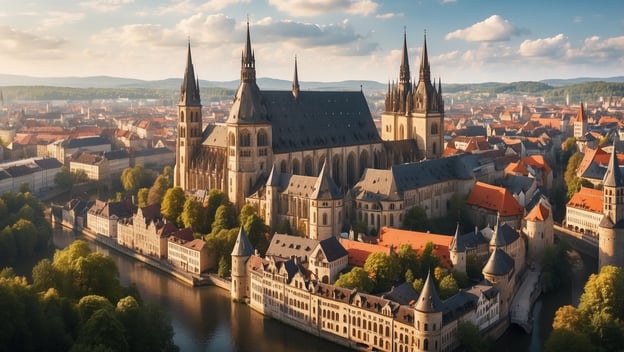 Die beeindruckende Altstadt mit der Kathedrale und umgebenden Gebäuden liegt am Ufer eines ruhigen Flusses.
