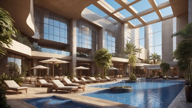 Moderne Poollandschaft mit Liegen und Sonnenschirmen im Radisson Blu Hotel, lichtdurchfluteter Innenbereich und Pflanzen.