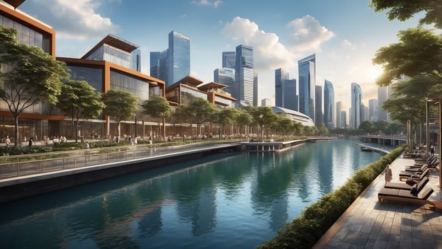 Moderne Architektur am Singapore River mit gläsernen Gebäuden, Bäumen und einer belebten Promenade am Wasser.