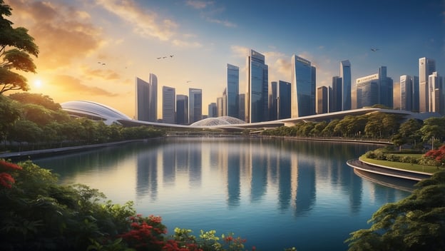 Stadtansicht mit modernen Wolkenkratzern, einem ruhigen Gewässer und einer malerischen Landschaft im Sonnenuntergang. Garuda und Singapore Airlines: Bessere Flüge für dich.
