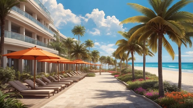 Luxuriöse Liegen mit orangefarbenen Schirmen unter Palmen entlang eines Strandpromenades mit Blick auf das türkisfarbene Wasser.