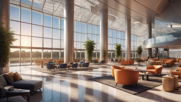 Moderne Lounge mit großen Fenstern, bequemen Sitzgelegenheiten und Pflanzen, die eine entspannte Atmosphäre schaffen.