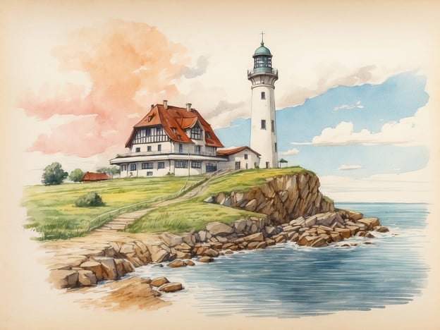 Auf dem Bild ist ein malerischer Leuchtturm zu sehen, der auf einer Klippe an der Küste steht. Der Leuchtturm ist ein klassisches Symbol für maritime Gebiete und dient der Navigation von Schiffen. Neben dem Leuchtturm befindet sich ein charmantes Haus, das wahrscheinlich als Unterkunft für den Leuchtturmwärter oder als Ferienhaus dient.Die Umgebung ist von grünen Wiesen und einfachen Wegen umgeben, die zu einem Spaziergang einladen. Die felsige Küste und das ruhige Wasser bieten Möglichkeiten für Aktivitäten wie Angeln, Bootfahren oder einfach nur Entspannen am Meer. Die Szene vermittelt eine friedliche und idyllische Atmosphäre, perfekt für Naturliebhaber und Erholungssuchende.
