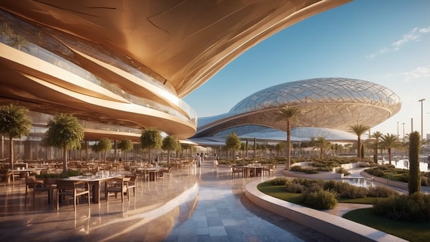 Moderne Architektur mit Glasfassade, Palmen und gemütlichen Sitzplätzen im Freien, ideal für F1-Feeling in Abu Dhabi.