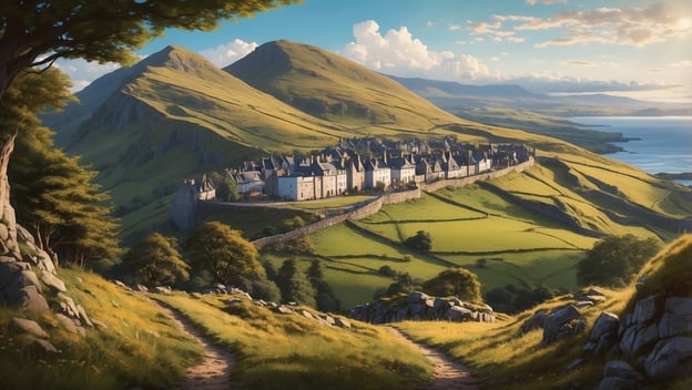 Eine malerische Landschaft mit sanften Hügeln, einer kleinen Siedlung und einer Küstenlinie unter blauem Himmel.