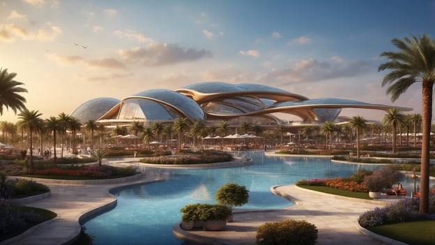 Moderne Architektur eines Resorts mit gläsernem Dach, umgeben von Palmen und einem Wasserlauf in Abu Dhabi.