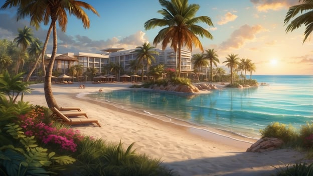 Ein luxuriöses Resort am Strand mit Palmen, Wasser und sanften Wellen im Sonnenuntergang. Sonnenliegen und Strandabschnitt sichtbar.