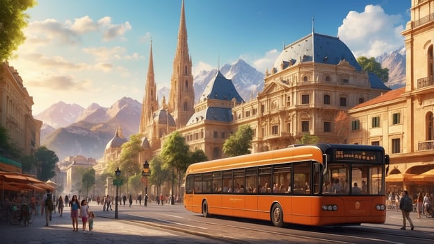 Eine orangefarbene Straßenbahn fährt durch eine belebte Stadt mit historischen Gebäuden und Bergen im Hintergrund.